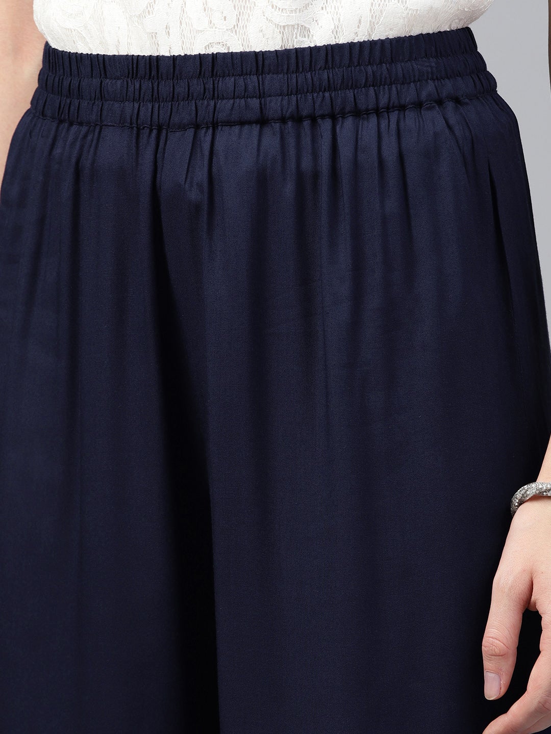 Juniper Navy Blue Solid Rayon Wide Leg Women Palazzo With One Pocket | Grocsy