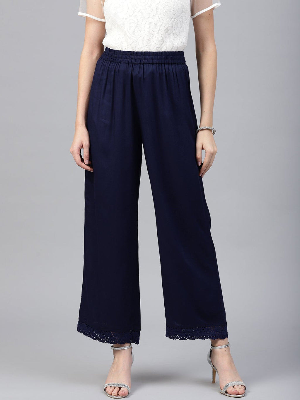 Juniper Navy Blue Solid Rayon Wide Leg Women Palazzo With One Pocket | Grocsy