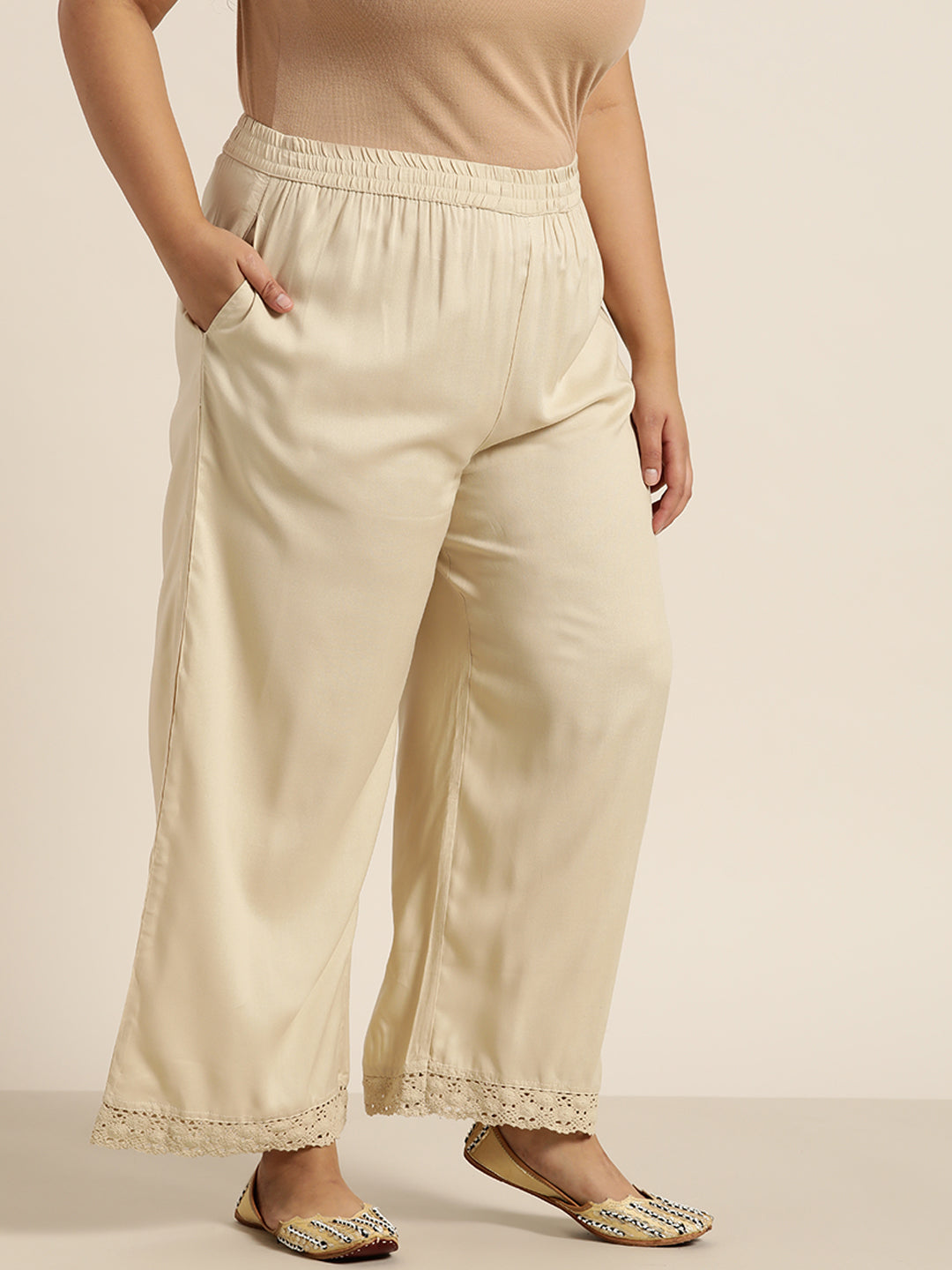 Juniper Women Beige Rayon Solid Wide Leg Palazzo | Grocsy