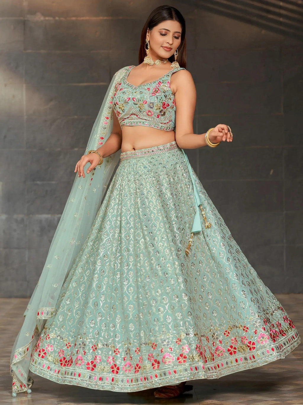 Tulsi Art Awesome Sky-Blue Sequins Georgette Engagement Wear Lehenga Choli | Grocsy