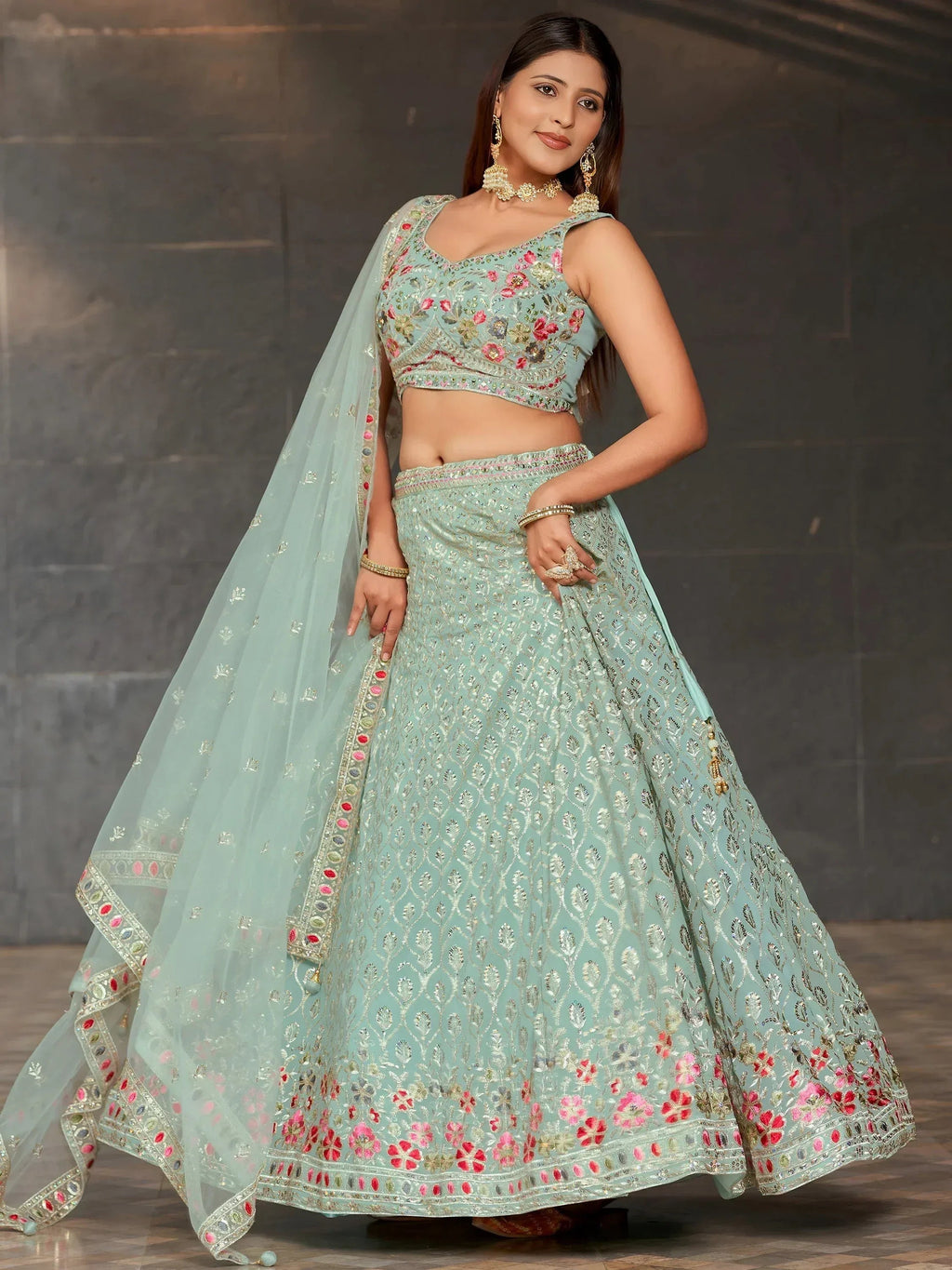 Tulsi Art Awesome Sky-Blue Sequins Georgette Engagement Wear Lehenga Choli | Grocsy