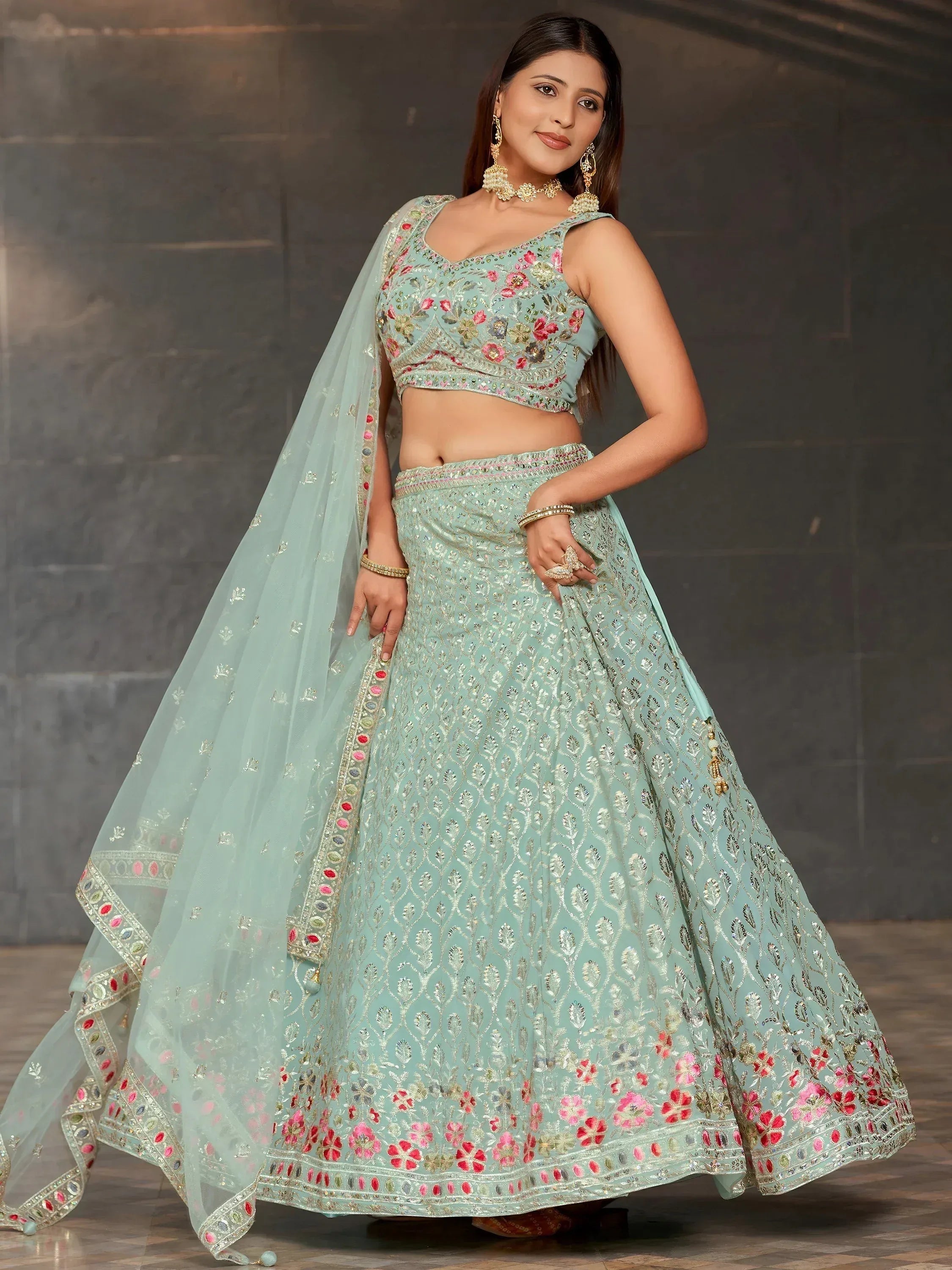 Tulsi Art Awesome Sky-Blue Sequins Georgette Engagement Wear Lehenga Choli | Grocsy