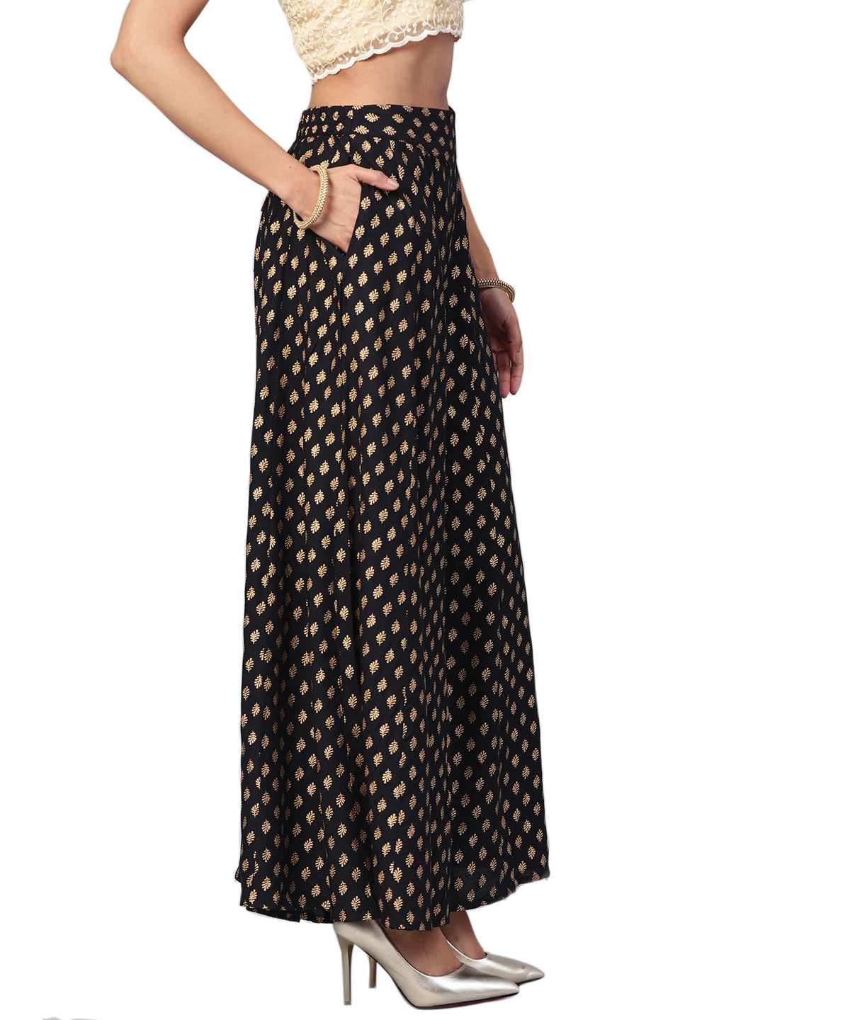 Juniper Women Black Rayon Printed Flared Palazzo | Grocsy