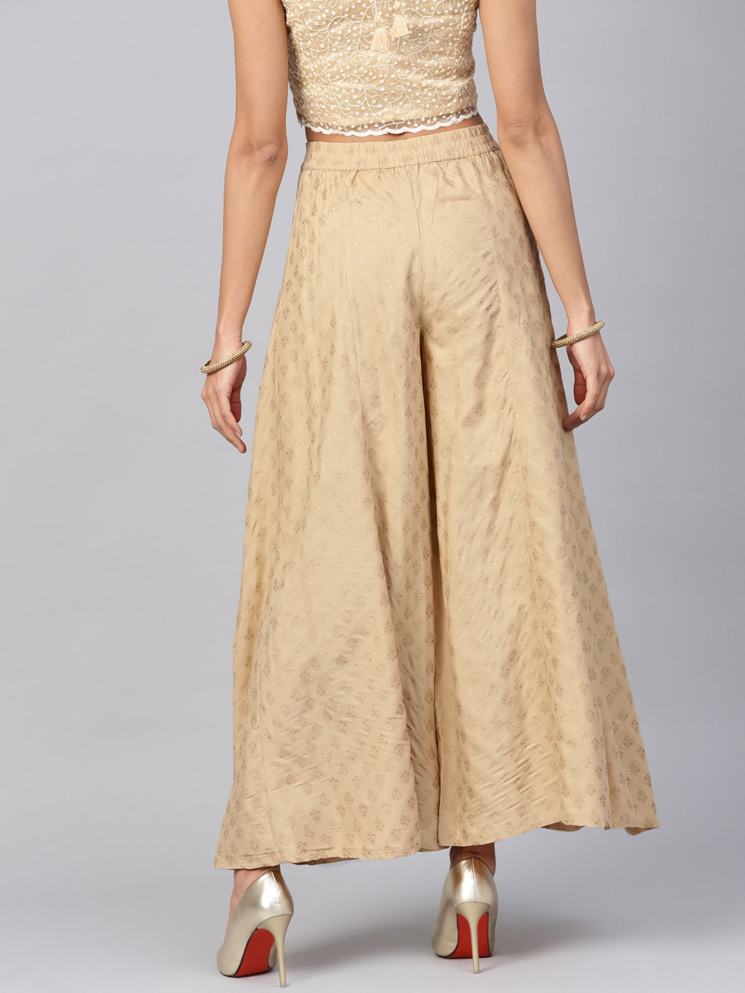 Juniper Women Gold Rayon Printed Flared Palazzo | Grocsy