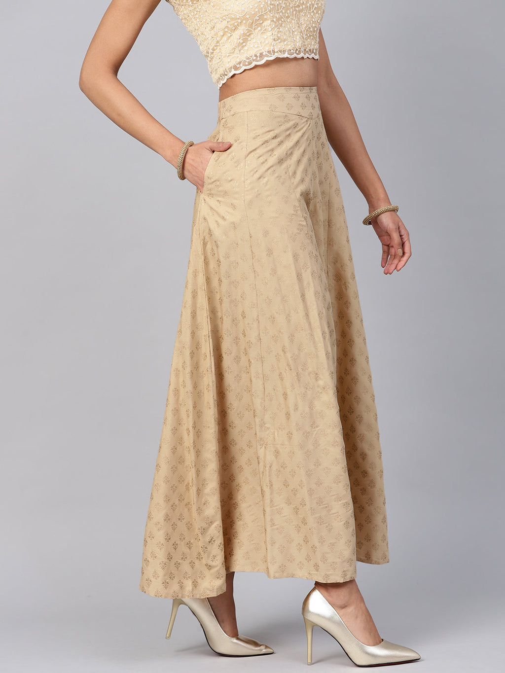 Juniper Women Gold Rayon Printed Flared Palazzo | Grocsy