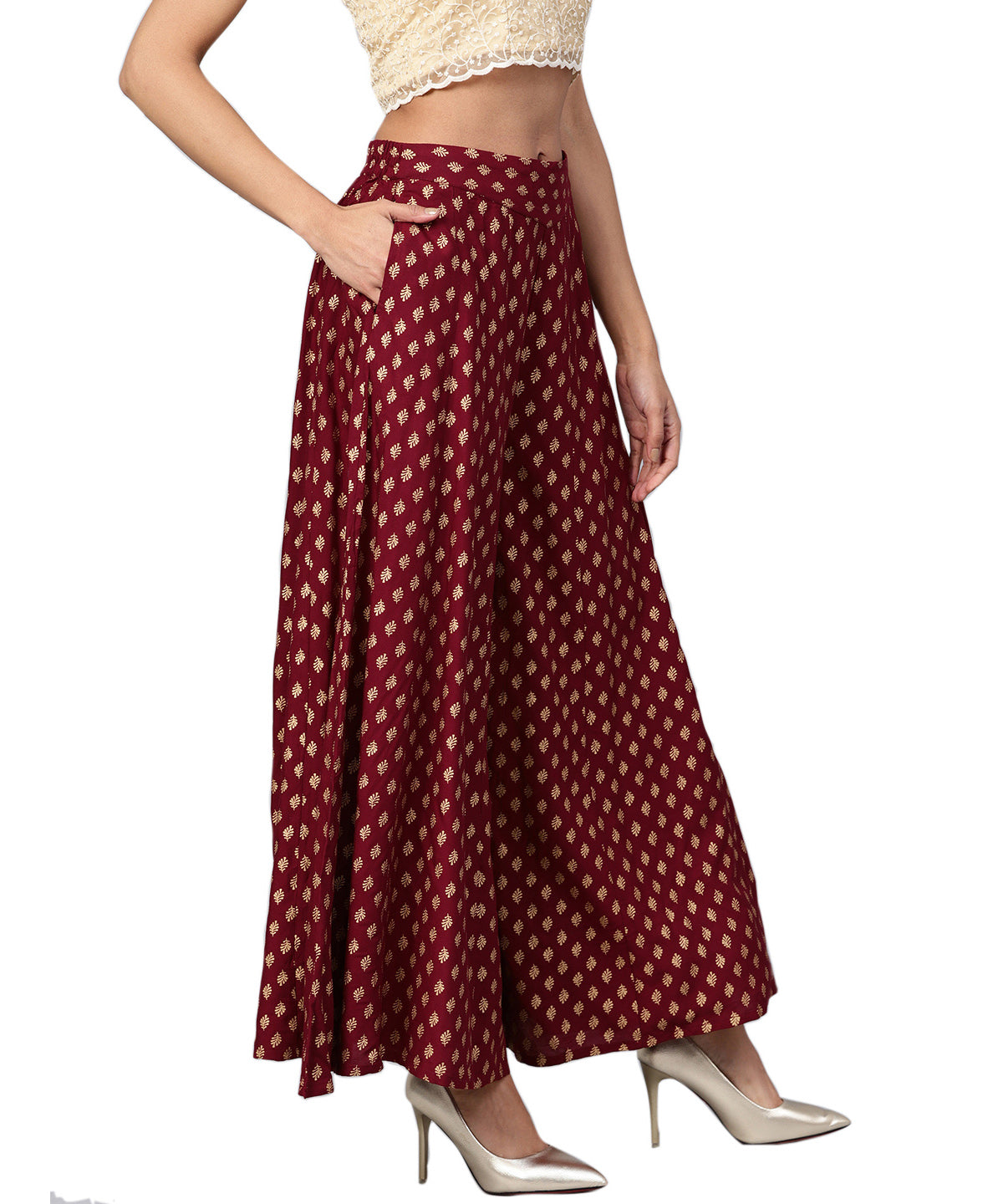 Juniper Women Maroon Rayon Printed Flared Palazzo | Grocsy