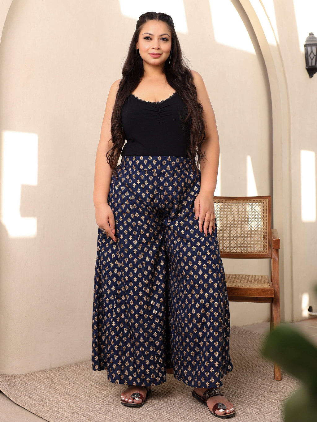 Juniper Navy Blue Ethnic Motif Printed Rayon Flared Women Palazzo With One Pocket | Grocsy