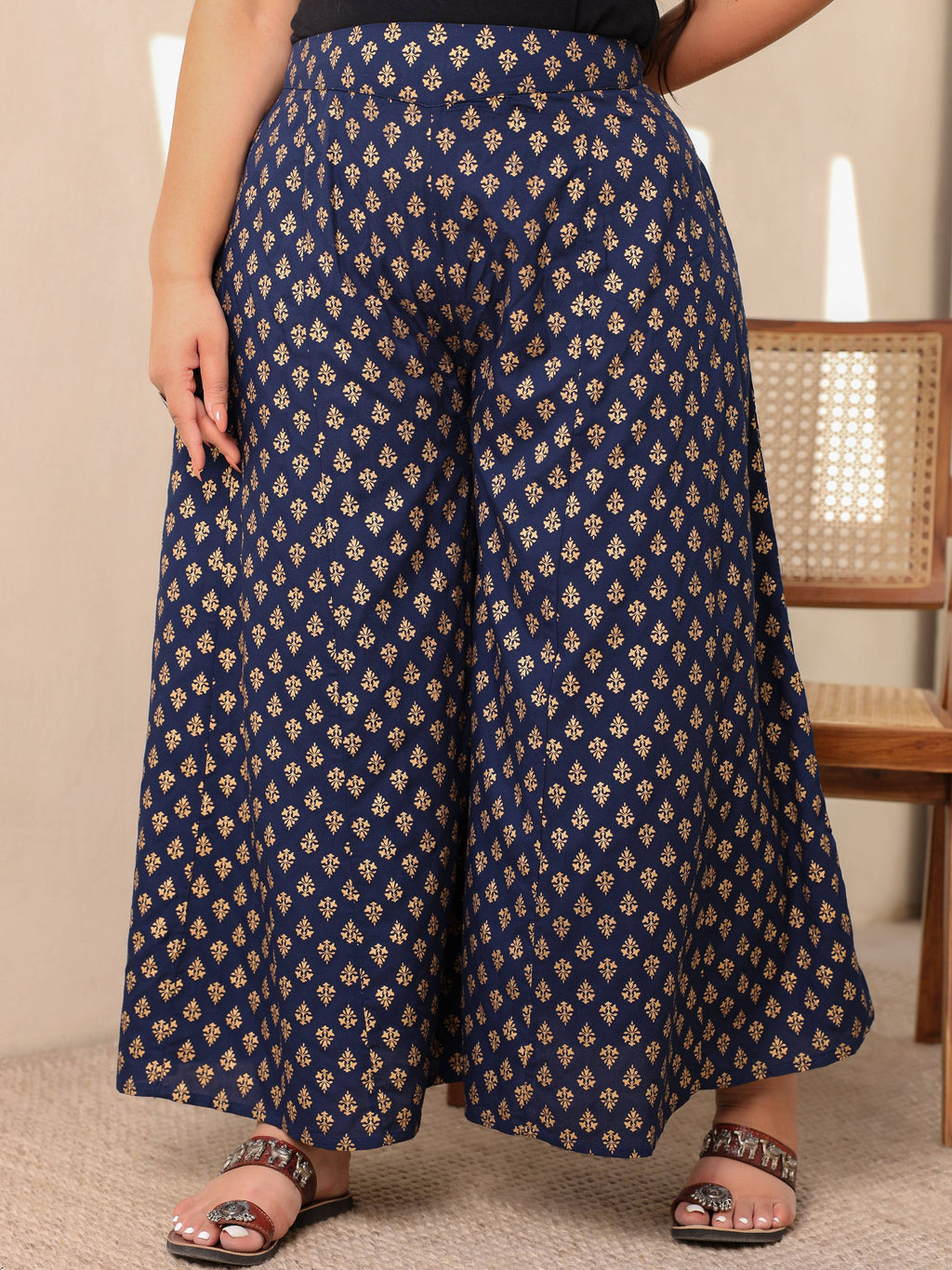 Juniper Navy Blue Ethnic Motif Printed Rayon Flared Women Palazzo With One Pocket | Grocsy