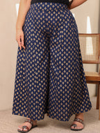 Juniper Navy Blue Ethnic Motif Printed Rayon Flared Women Palazzo With One Pocket | Grocsy