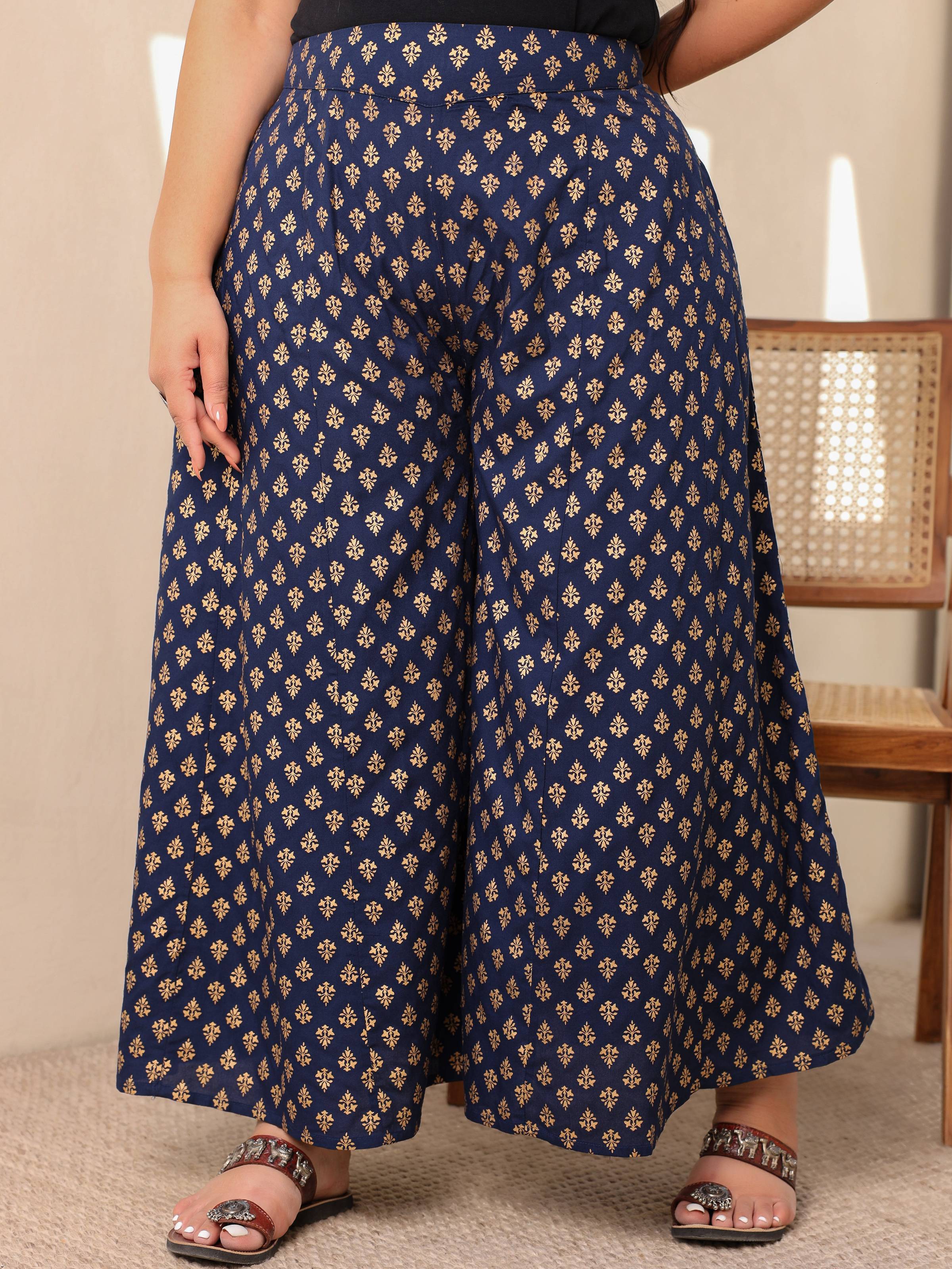 Juniper Navy Blue Ethnic Motif Printed Rayon Flared Women Palazzo With One Pocket | Grocsy