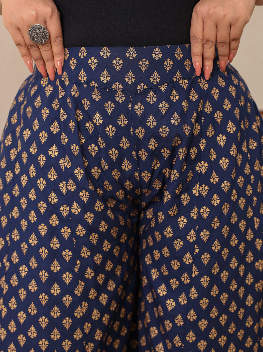 Juniper Navy Blue Ethnic Motif Printed Rayon Flared Women Palazzo With One Pocket | Grocsy