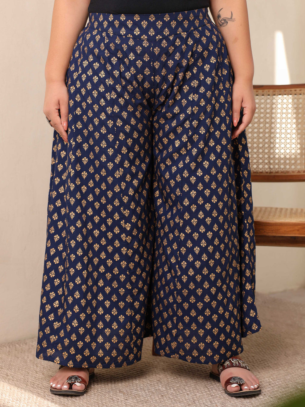 Juniper Navy Blue Ethnic Motif Printed Rayon Flared Women Palazzo With One Pocket | Grocsy