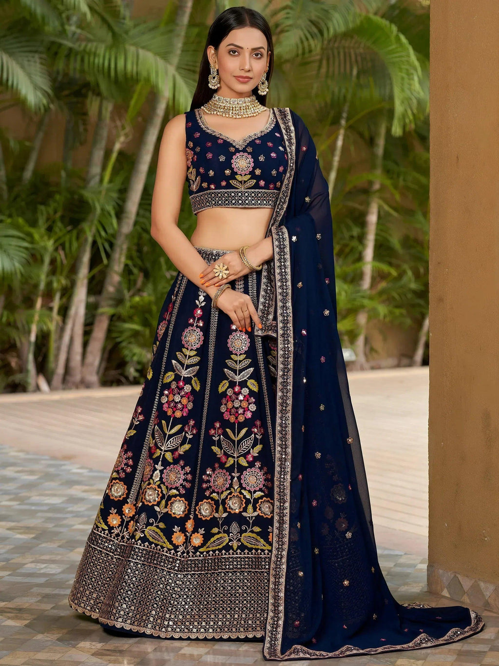 Tulsi Art Amazing Navy Blue Thread Embroidered Georgette Lehenga Choli | Grocsy