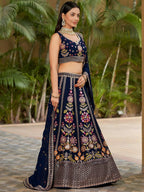 Tulsi Art Amazing Navy Blue Thread Embroidered Georgette Lehenga Choli | Grocsy