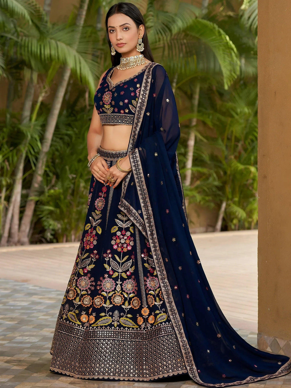 Tulsi Art Amazing Navy Blue Thread Embroidered Georgette Lehenga Choli | Grocsy
