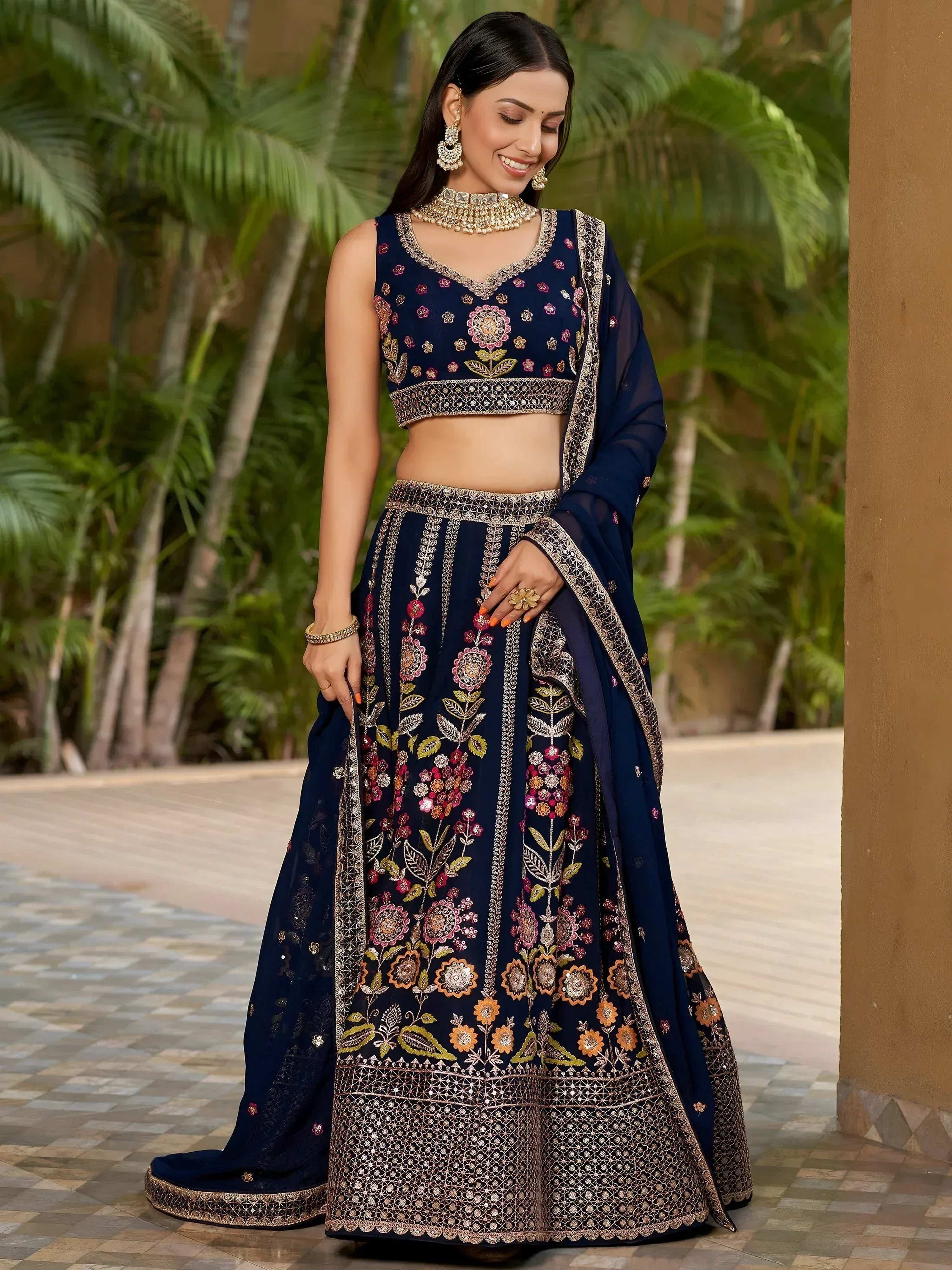 Tulsi Art Amazing Navy Blue Thread Embroidered Georgette Lehenga Choli | Grocsy