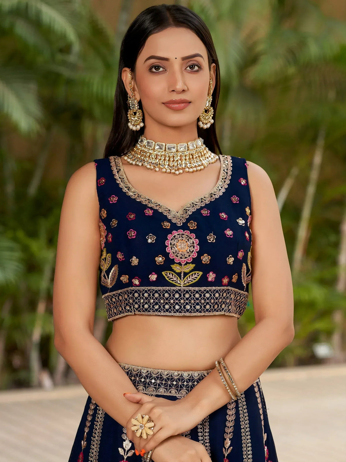 Tulsi Art Amazing Navy Blue Thread Embroidered Georgette Lehenga Choli | Grocsy