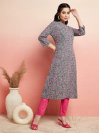 Aks Floral Printed Mandarin Collar Cotton Anarkali Kurta | Grocsy