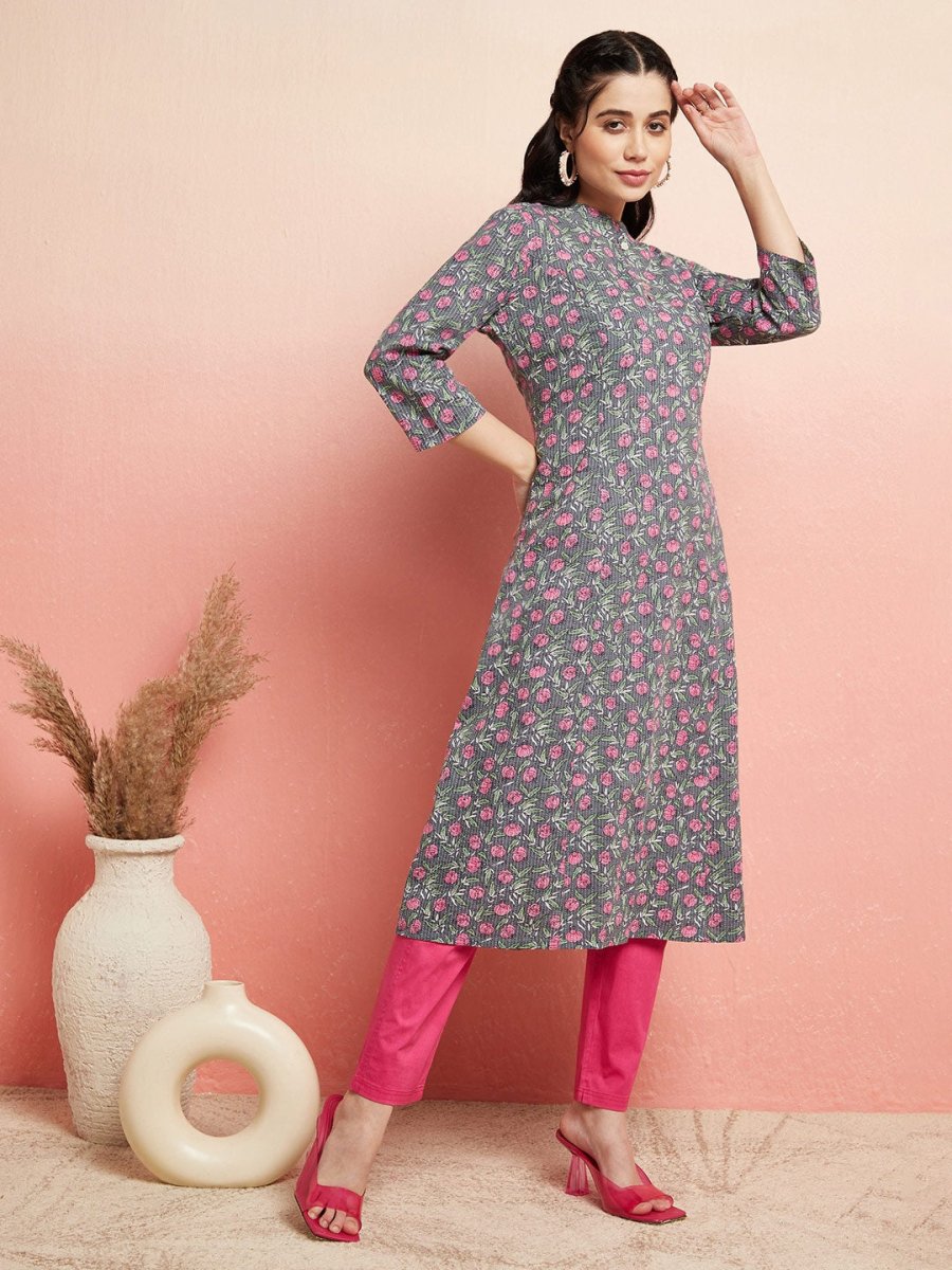 Aks Floral Printed Mandarin Collar Cotton Anarkali Kurta | Grocsy