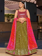 Tulsi Art Marvelous Olive Green Sequins Georgette Sangeet Wear Lehenga Choli | Grocsy