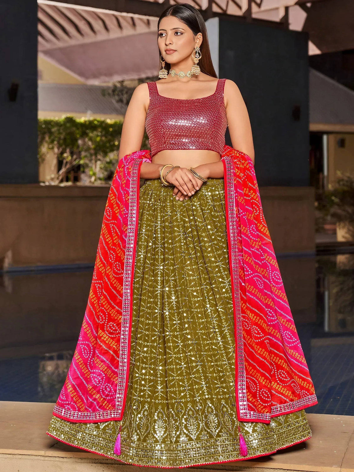 Tulsi Art Marvelous Olive Green Sequins Georgette Sangeet Wear Lehenga Choli | Grocsy