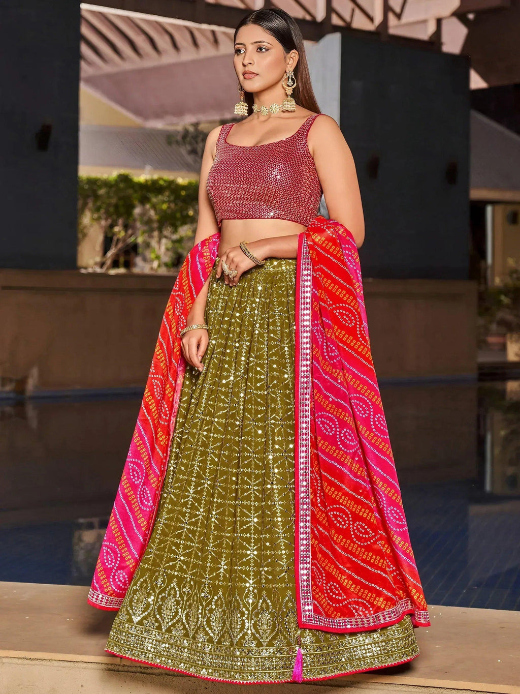 Tulsi Art Marvelous Olive Green Sequins Georgette Sangeet Wear Lehenga Choli | Grocsy