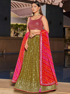 Tulsi Art Marvelous Olive Green Sequins Georgette Sangeet Wear Lehenga Choli | Grocsy