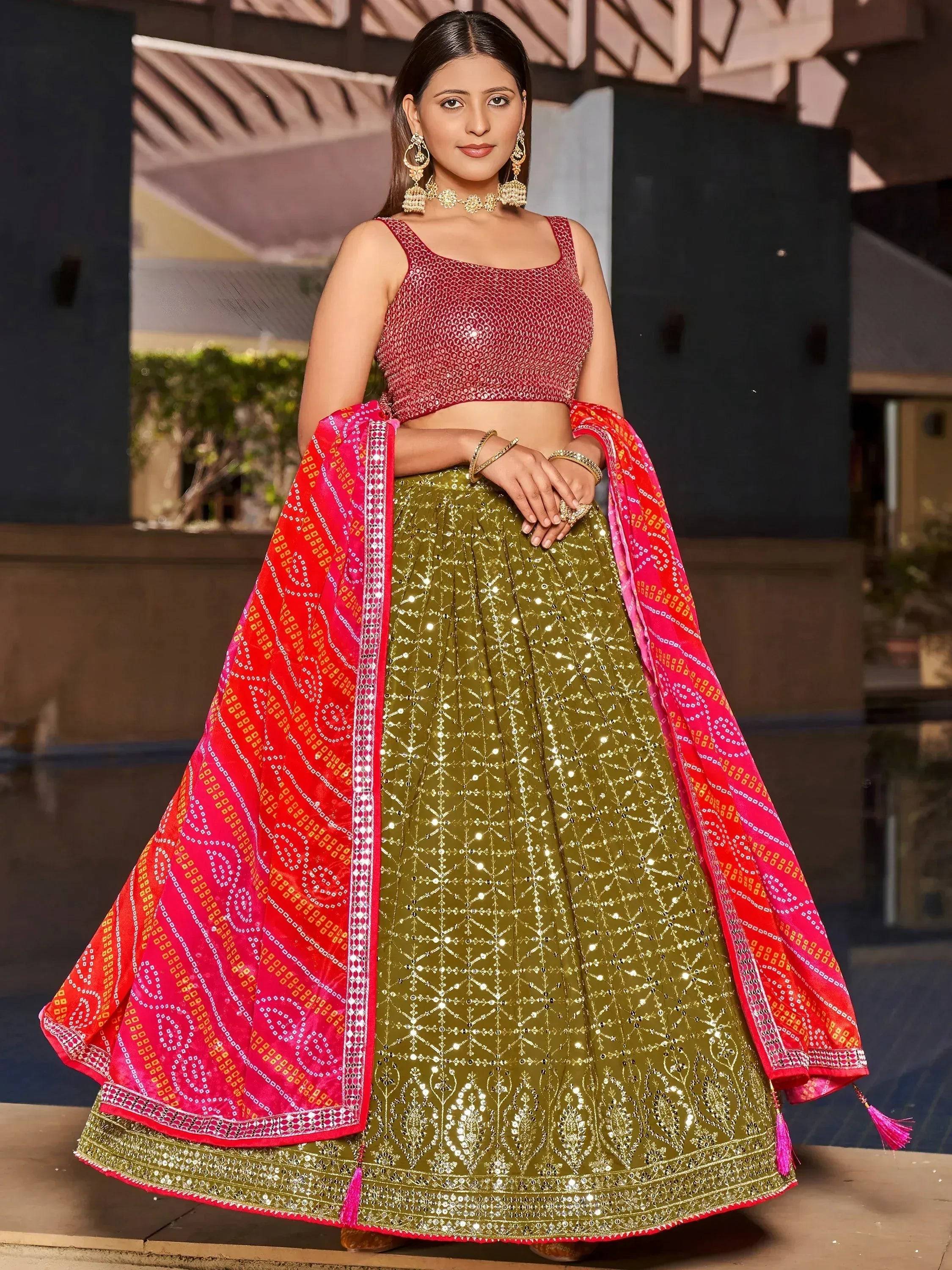 Tulsi Art Marvelous Olive Green Sequins Georgette Sangeet Wear Lehenga Choli | Grocsy