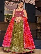 Tulsi Art Marvelous Olive Green Sequins Georgette Sangeet Wear Lehenga Choli | Grocsy