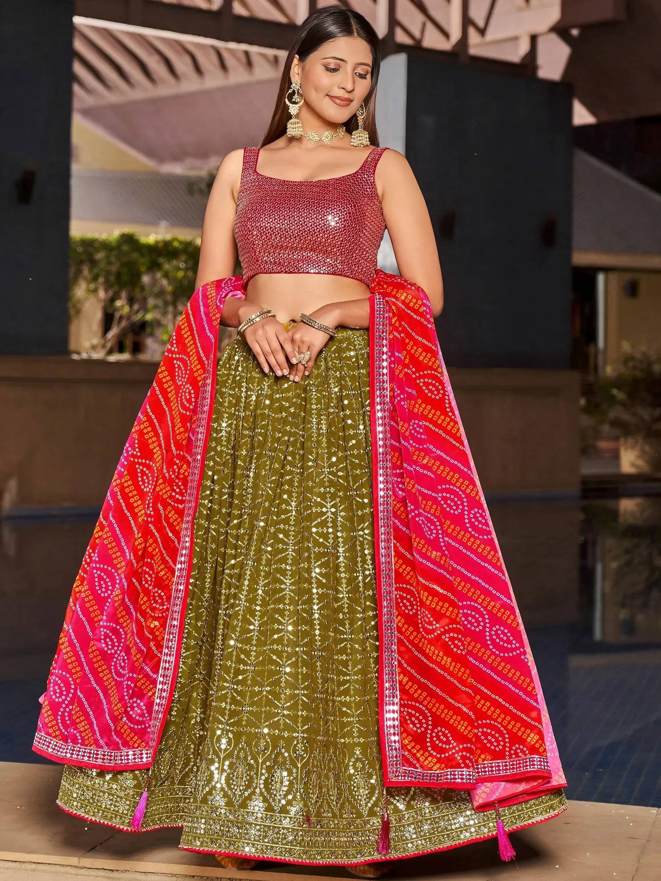 Tulsi Art Marvelous Olive Green Sequins Georgette Sangeet Wear Lehenga Choli | Grocsy