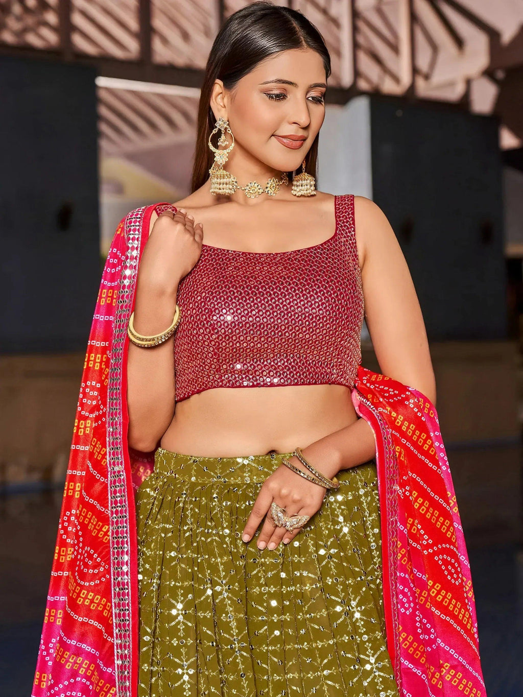 Tulsi Art Marvelous Olive Green Sequins Georgette Sangeet Wear Lehenga Choli | Grocsy
