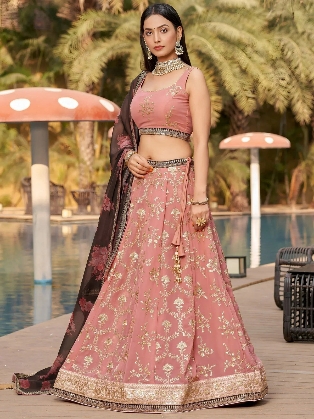 Tulsi Art Wonderful Pink Thread Work Georgette Function Wear Lehenga Choli | Grocsy