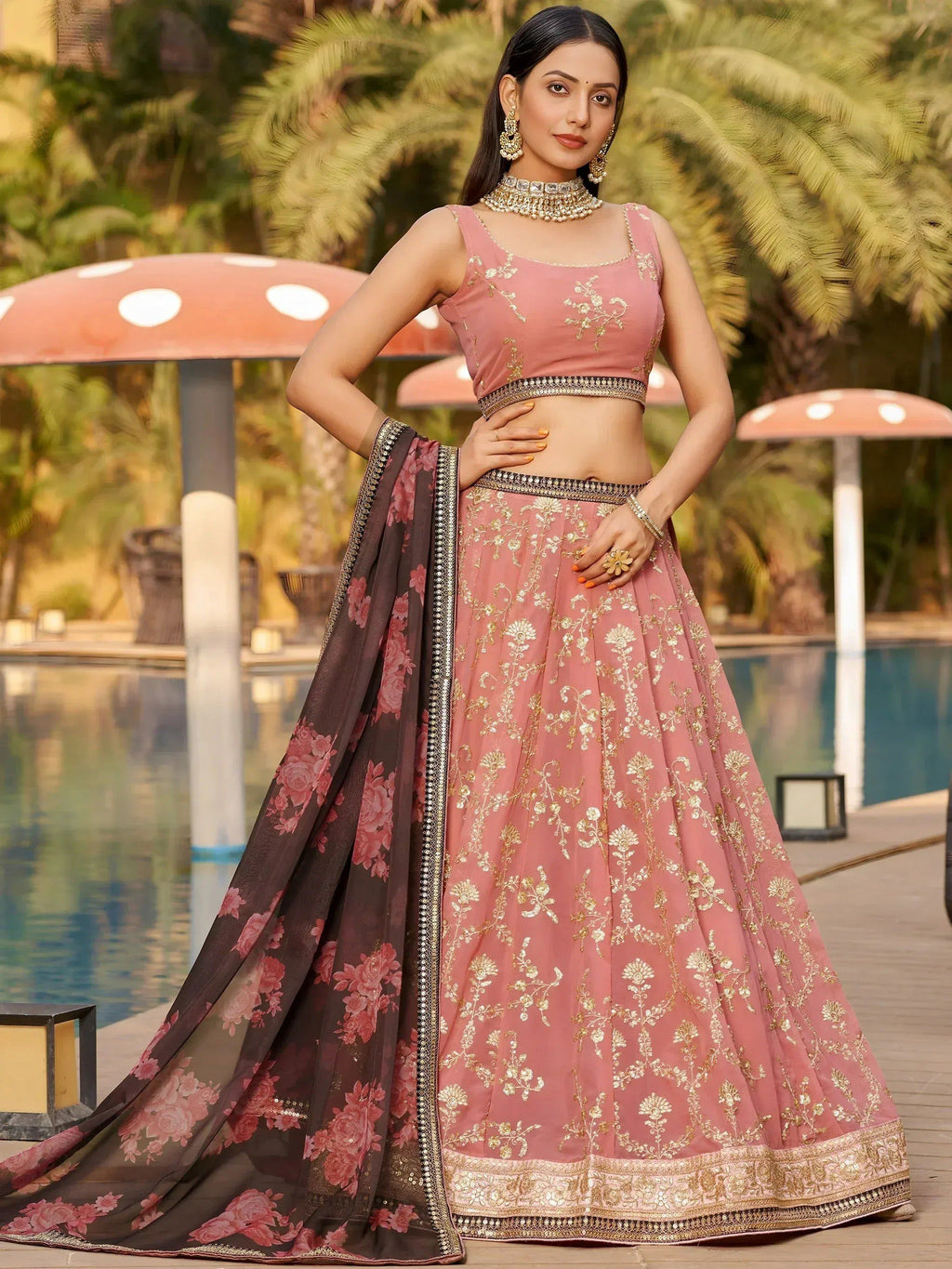 Tulsi Art Wonderful Pink Thread Work Georgette Function Wear Lehenga Choli | Grocsy
