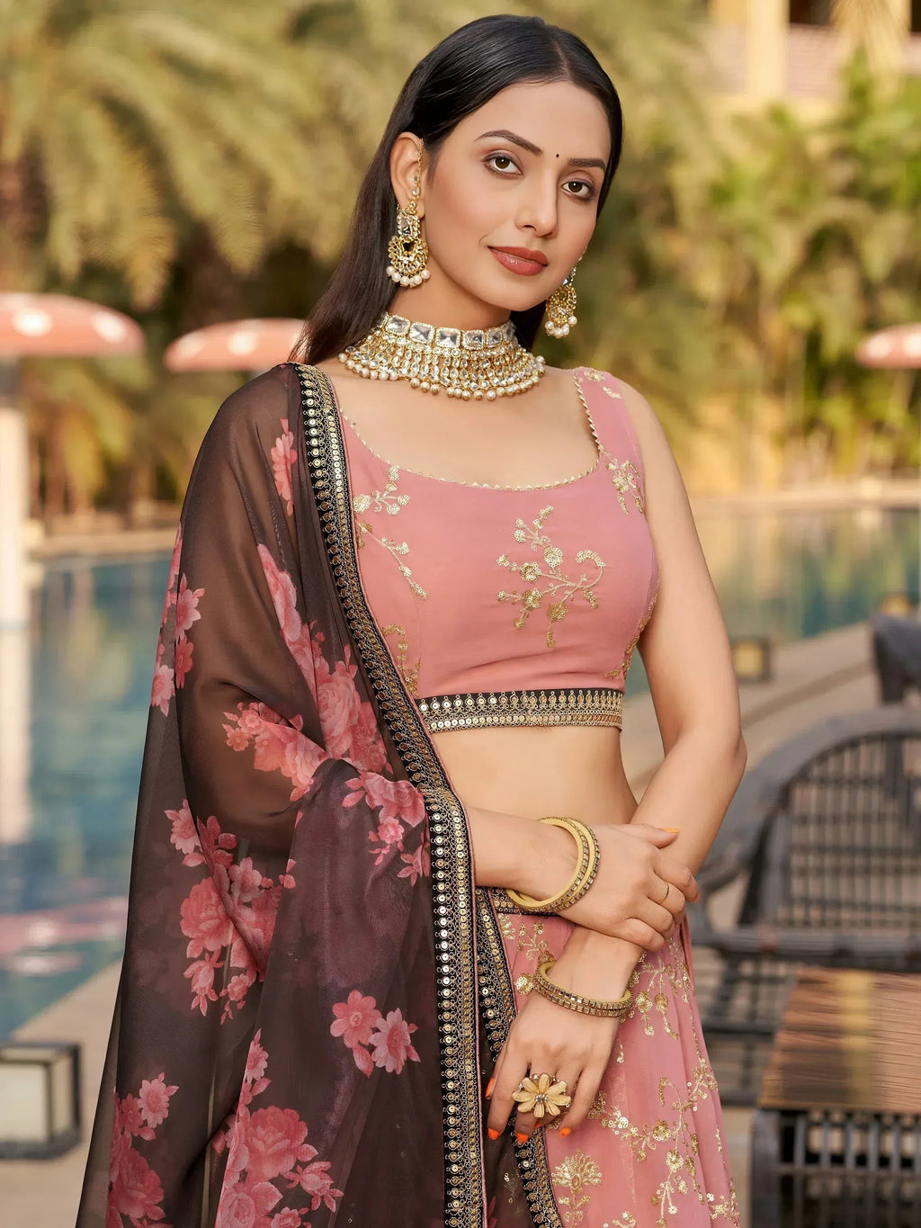 Tulsi Art Wonderful Pink Thread Work Georgette Function Wear Lehenga Choli | Grocsy