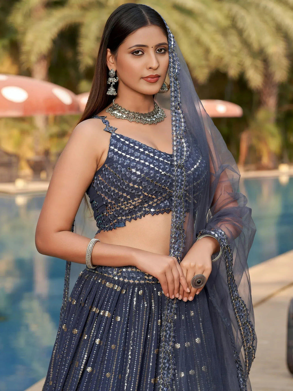 Tulsi Art Fantastic Grey Sequins Georgette Reception Wear Lehenga Choli | Grocsy