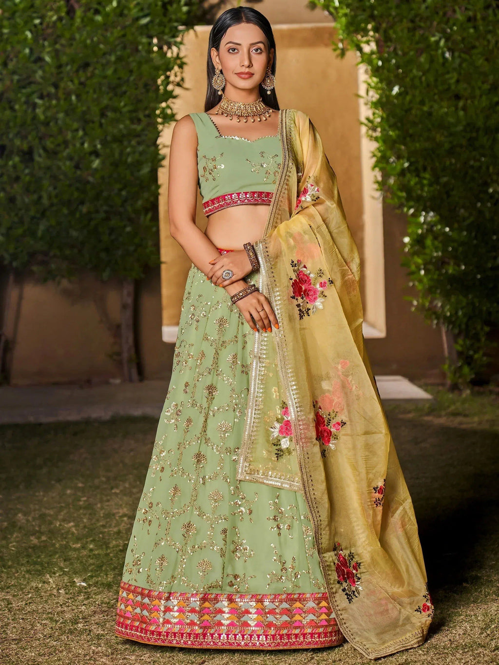 Tulsi Art Incredible Pista Green Sequins Georgette Lehenga Choli With Dupatta | Grocsy
