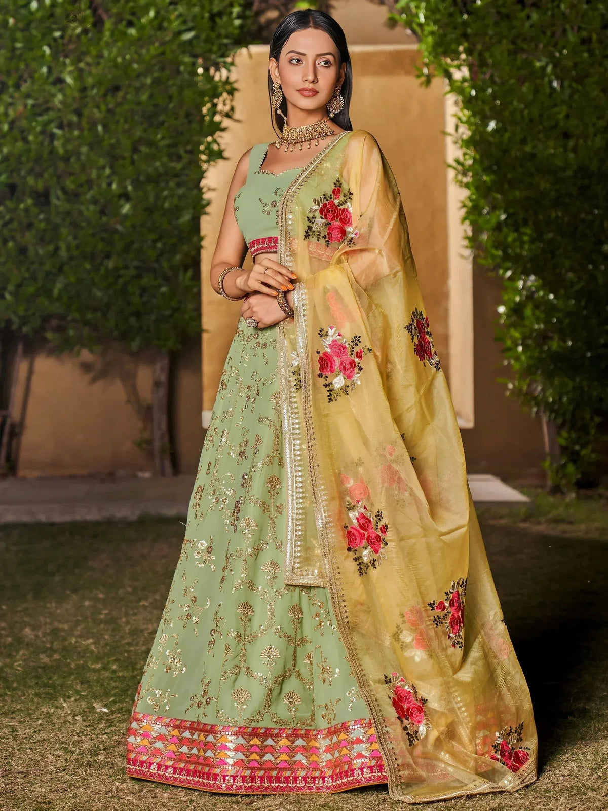 Tulsi Art Incredible Pista Green Sequins Georgette Lehenga Choli With Dupatta | Grocsy