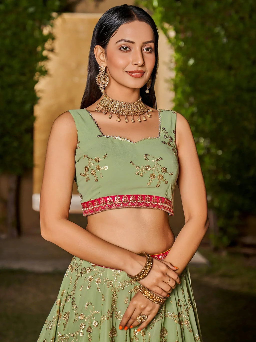 Tulsi Art Incredible Pista Green Sequins Georgette Lehenga Choli With Dupatta | Grocsy