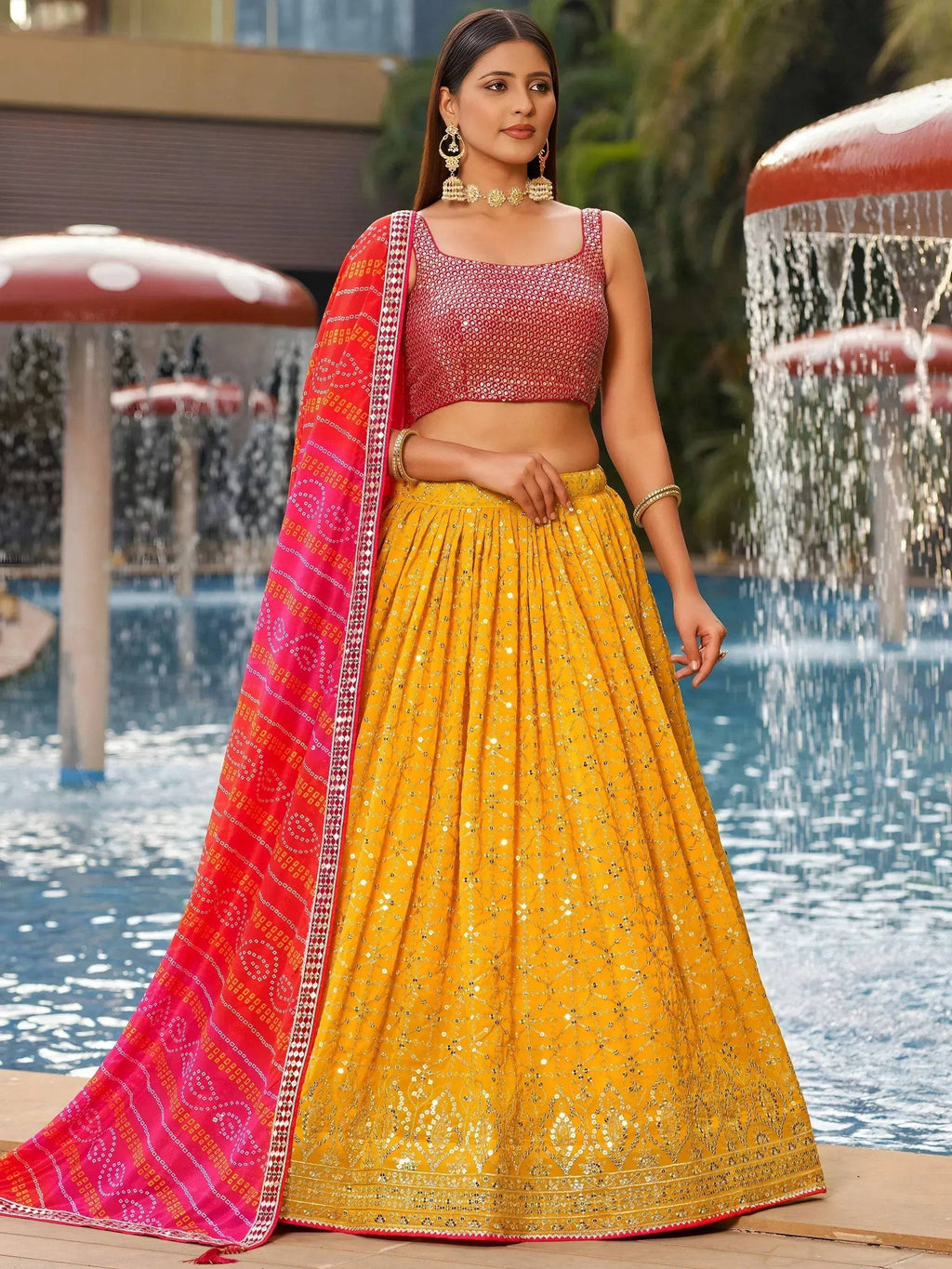 Tulsi Art Gorgeous Yellow Sequins Georgette Haldi Wear Lehenga Choli | Grocsy