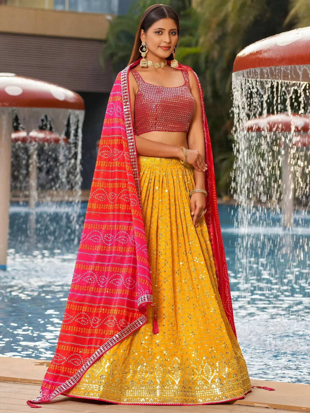 Tulsi Art Gorgeous Yellow Sequins Georgette Haldi Wear Lehenga Choli | Grocsy