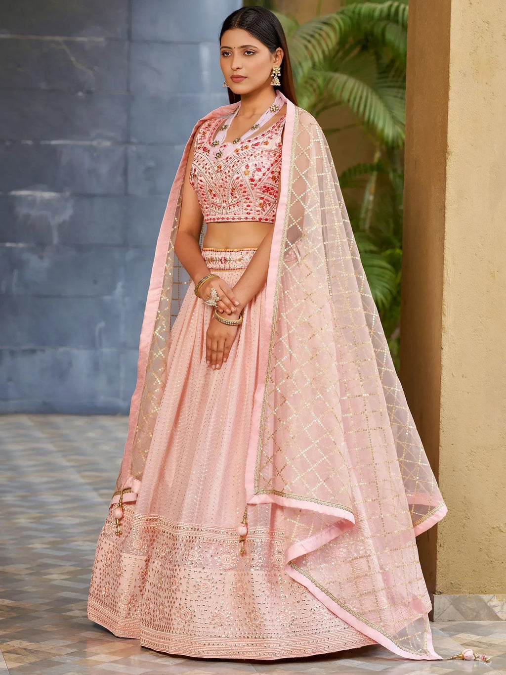 Tulsi Art Beautiful Pink Sequins Art Silk Bridesmaid Lehenga Choli With Dupatta | Grocsy