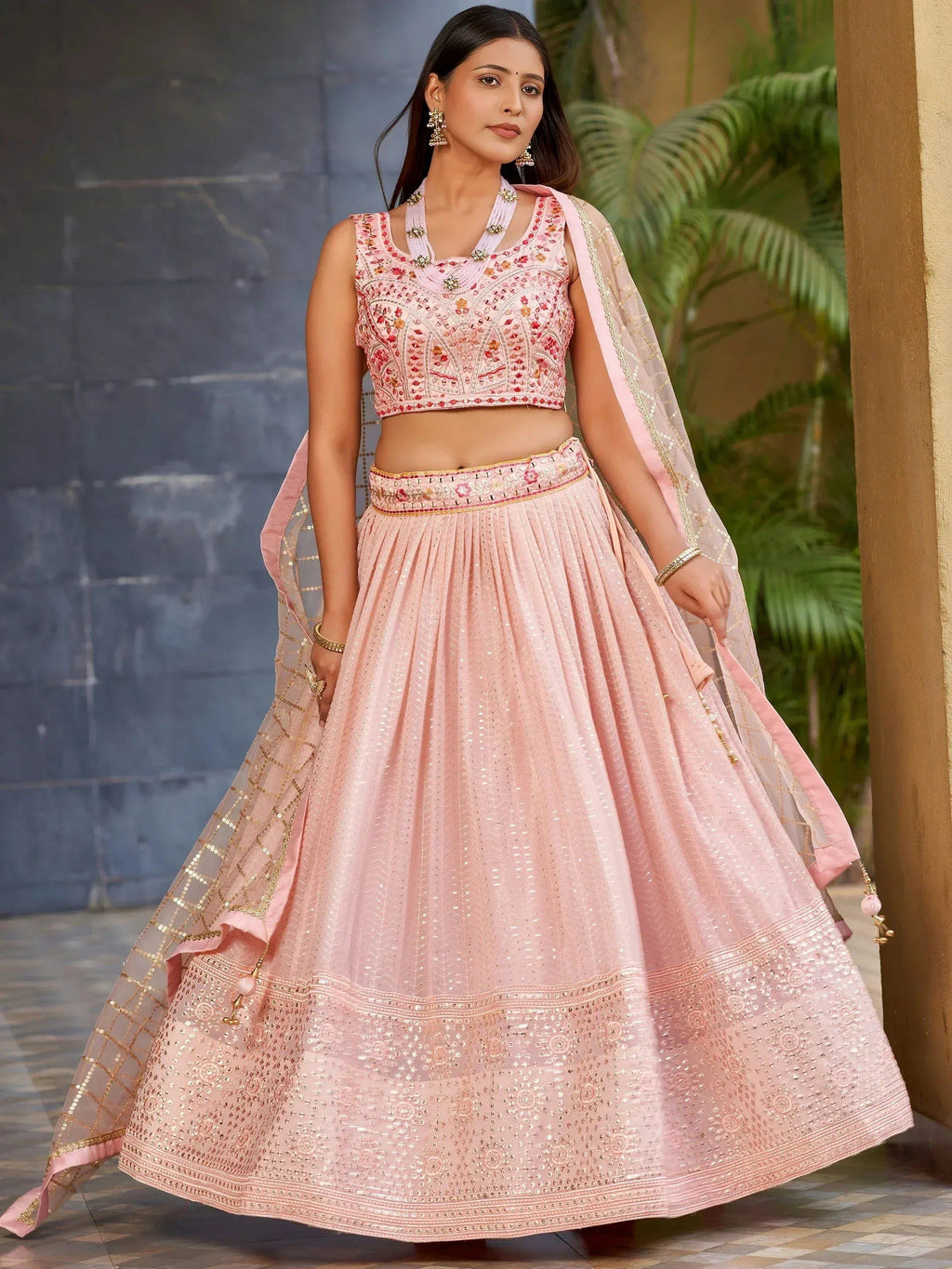 Tulsi Art Beautiful Pink Sequins Art Silk Bridesmaid Lehenga Choli With Dupatta | Grocsy