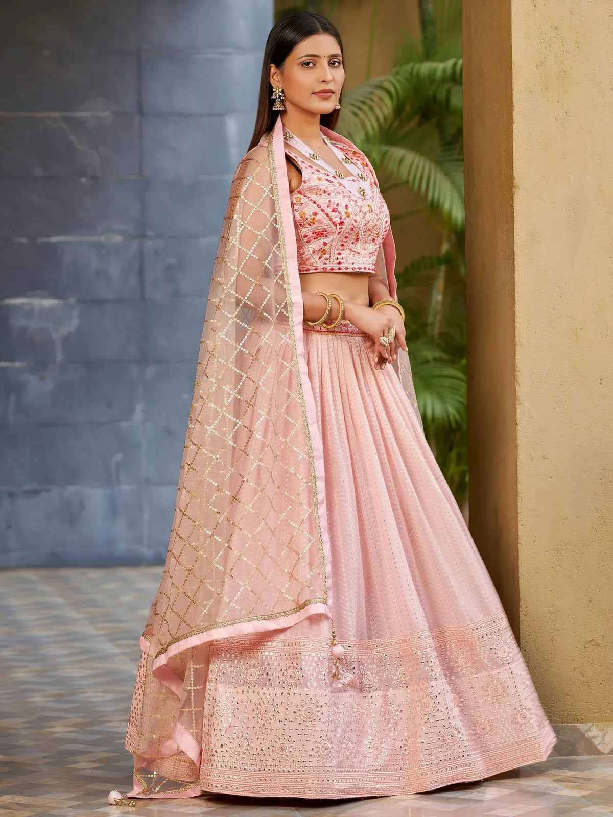 Tulsi Art Beautiful Pink Sequins Art Silk Bridesmaid Lehenga Choli With Dupatta | Grocsy