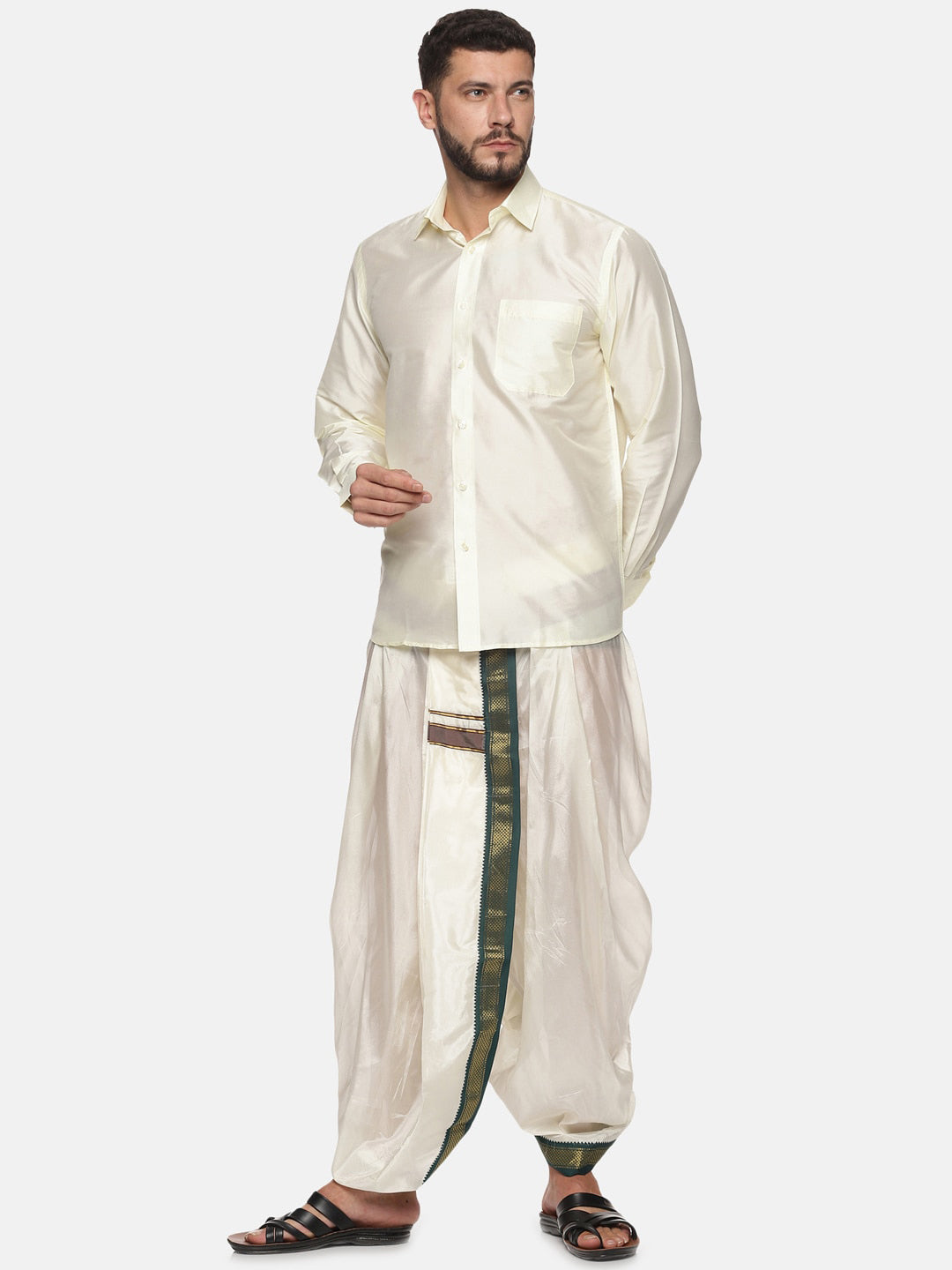 Sethukrishna Men Cream Solid Art Silk Dhotis | Grocsy