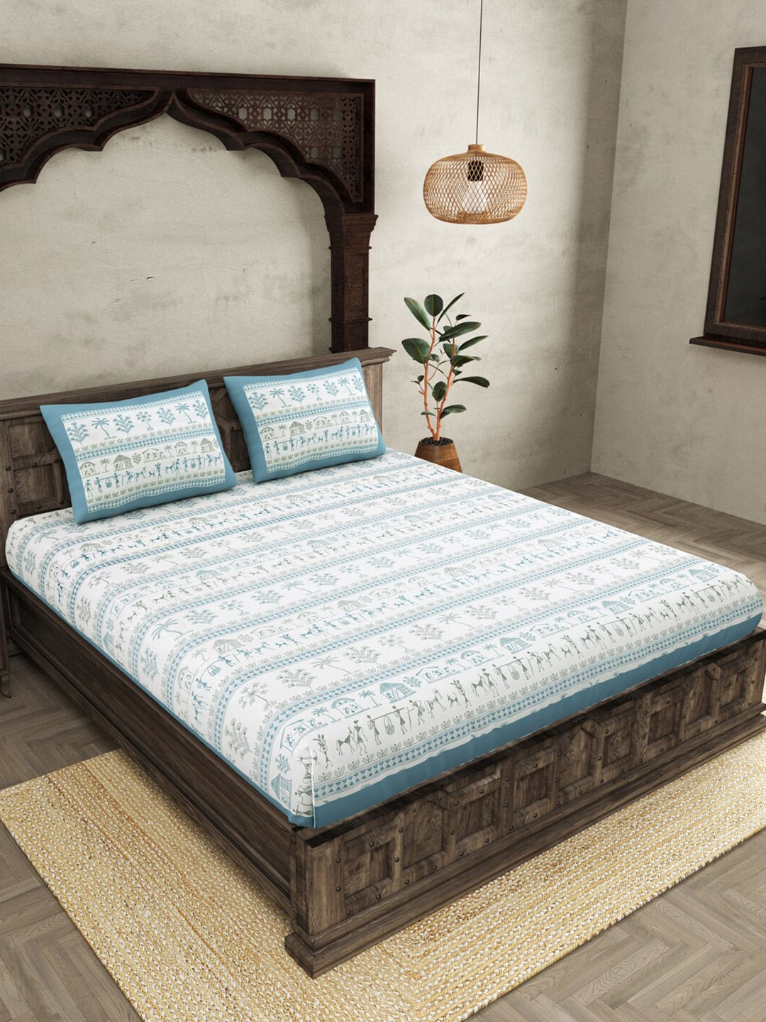 JAIPUR FABRIC Blue Ethnic Motifs Cotton 250 TC Super King Bedsheet With 2 Pillow Covers | Grocsy