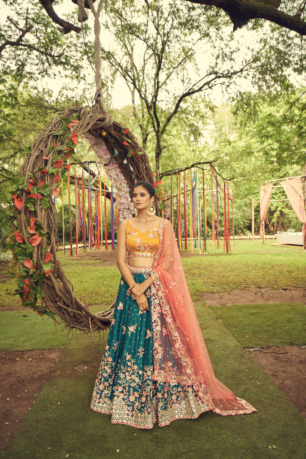 House of Panchhi Teal Pure Georgette Sequinse Work Lehenga & Blouse with Dupatta | Grocsy