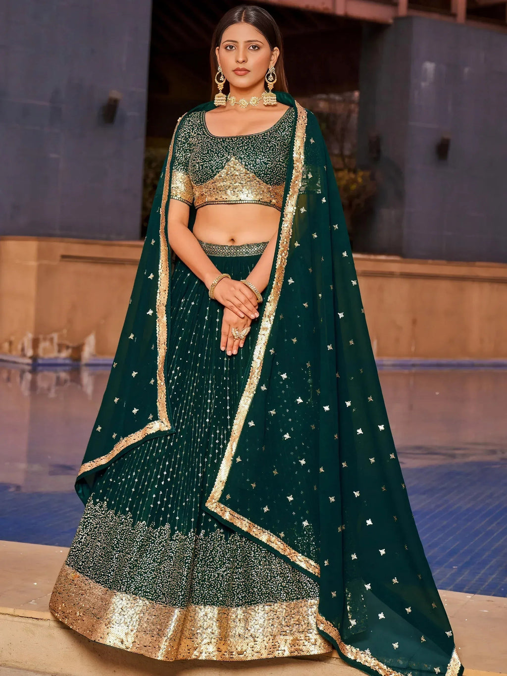 Tulsi Art Stunning Green Sequins Georgette Reception Wear Lehenga Choli | Grocsy