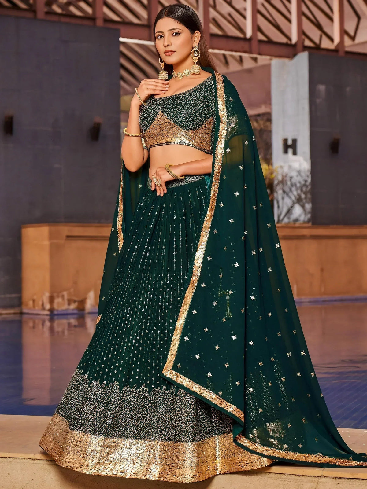 Tulsi Art Stunning Green Sequins Georgette Reception Wear Lehenga Choli | Grocsy