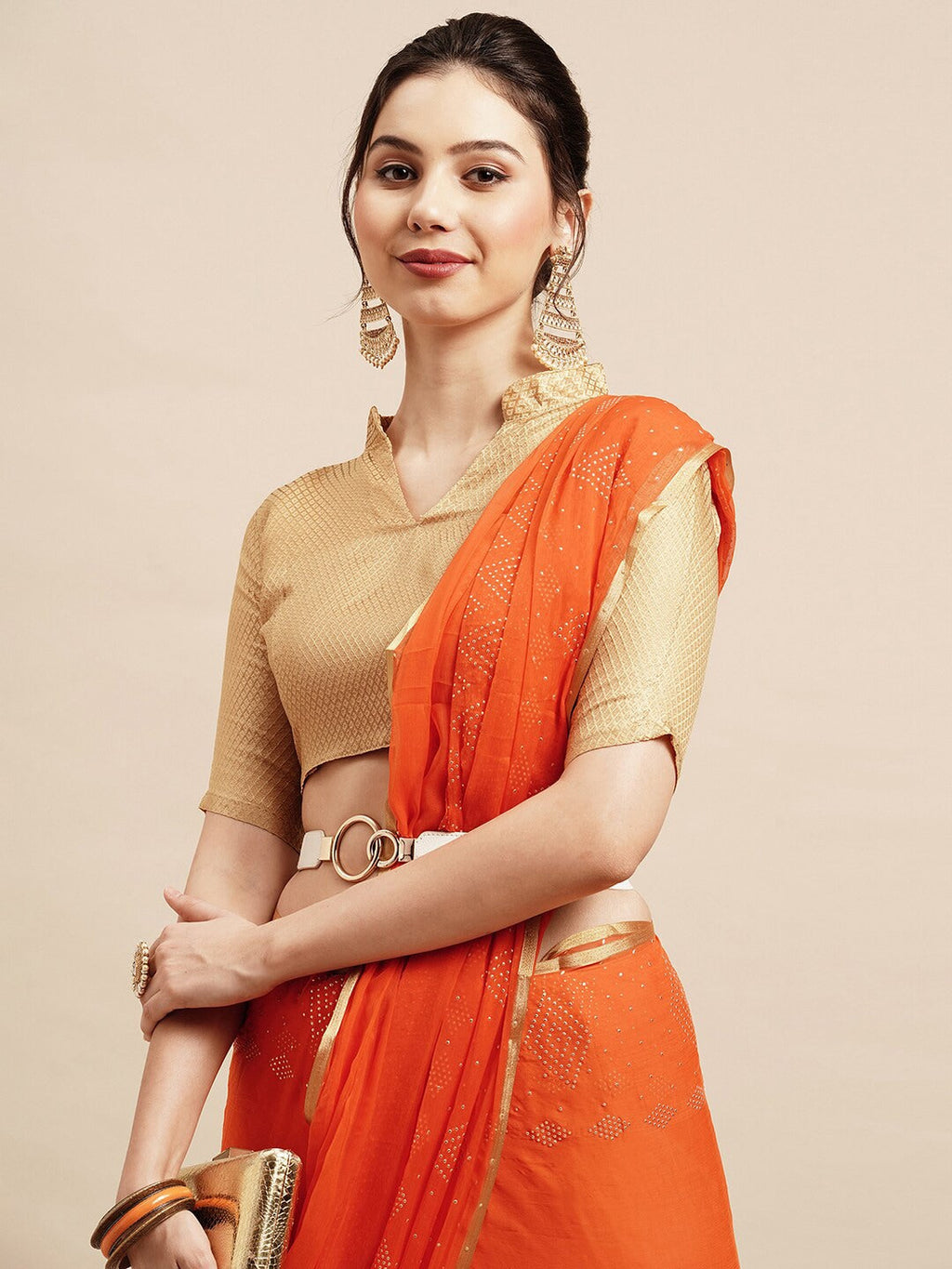 Saree Mall Orange & Gold-Toned Floral Sarees | Grocsy