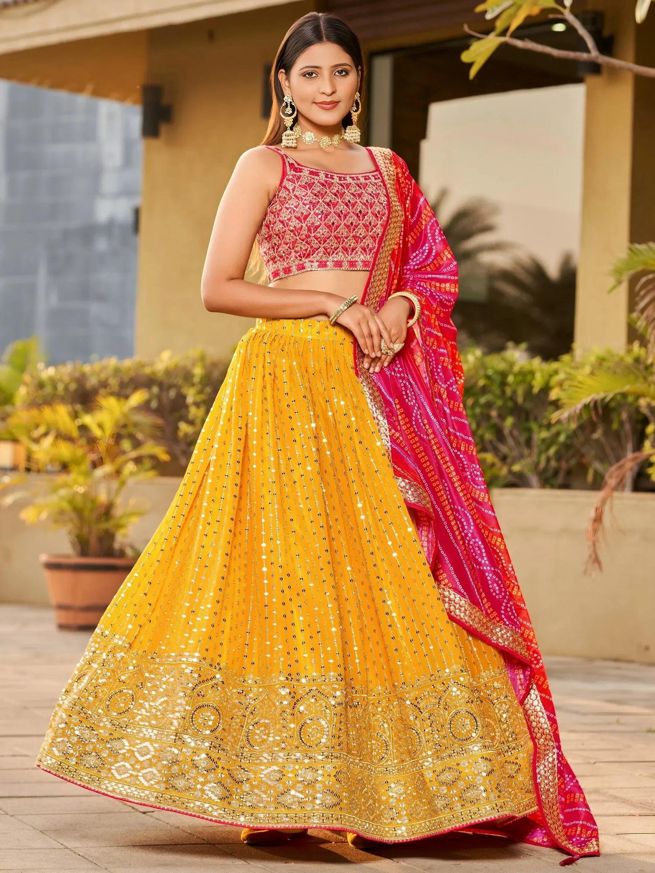Tulsi Art Stunning Yellow Sequins Georgette Wedding Wear Lehenga Choli | Grocsy